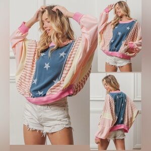 BiBi Stars and Stripes Round‎ Neck Long Sleeve Top Pink Blue White Size Medium